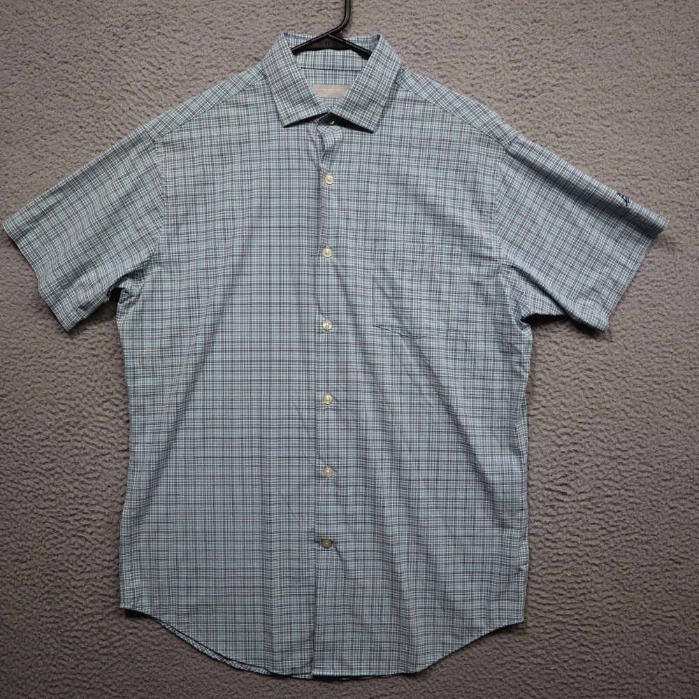 Peter Millar Button Up Shirt Mens Medium Blue Plaid Featherweight Short Sleeve